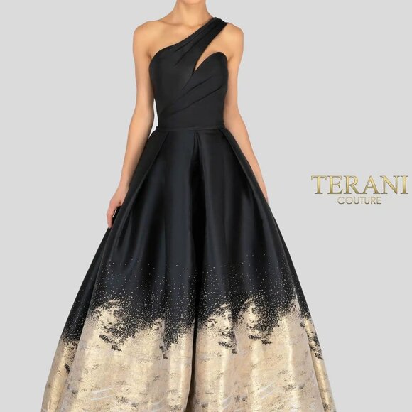 Terani Couture: Black with Gold Ombre evening gown - One Shoulder Dramatic Neck - Picture 2 of 7